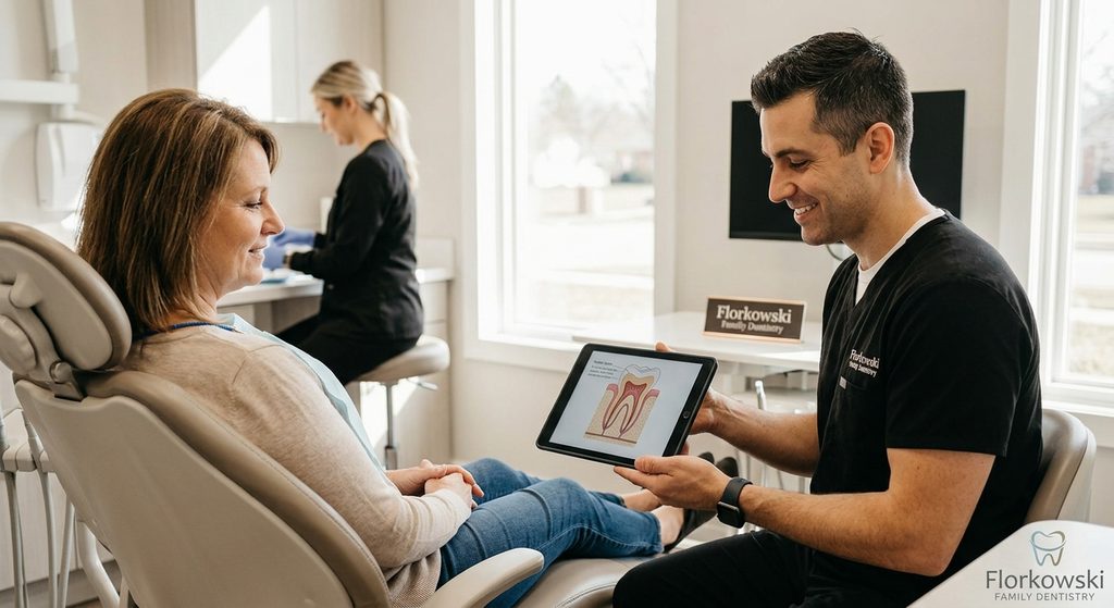 Dr. Sam discussing root canal garden city treatment options with a patient